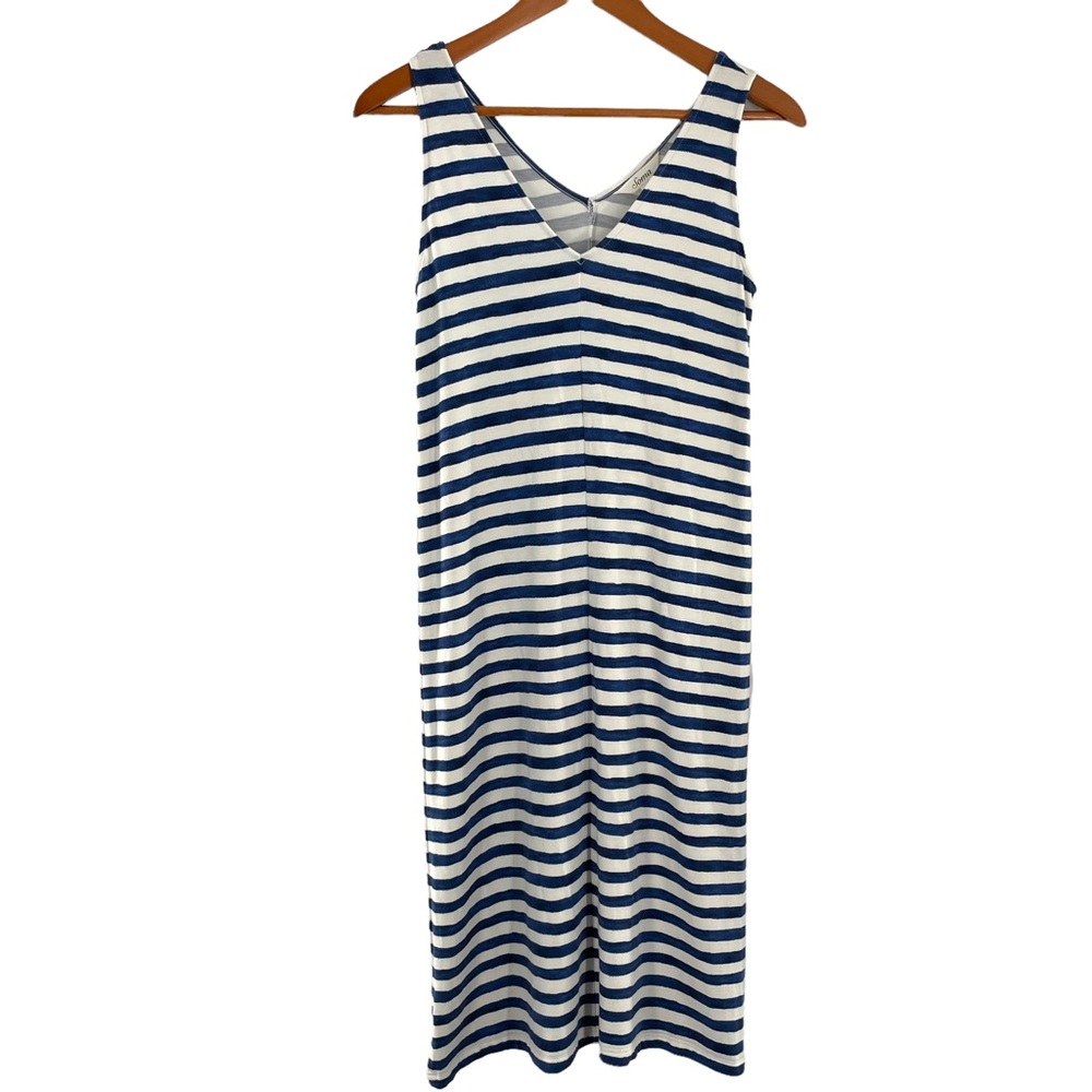 SOMA Maxi White and Blue Striped Sleeveless V-Neck Dress in Size Extra Small
